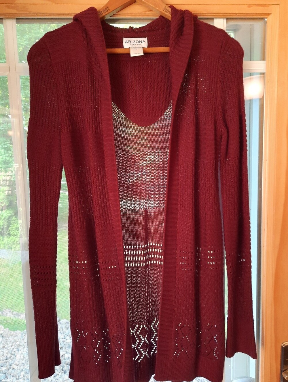 Arizona Jean Company Wine-Colored/Dark Red Open-Front Hooded Cardigan